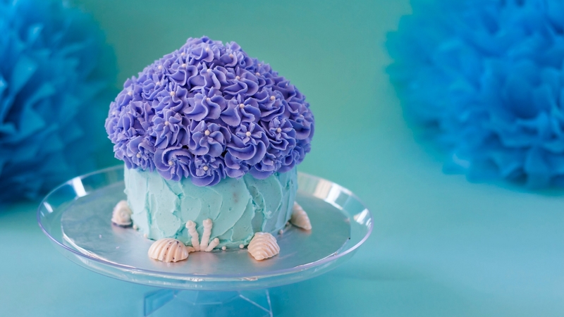 cake, food, birthday, sweet, dessert, shell, purple, flower, white, blue