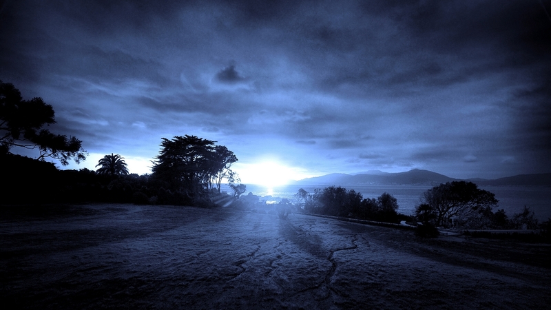 sun, mountains, ocean, nature, trees, clouds, coast, field