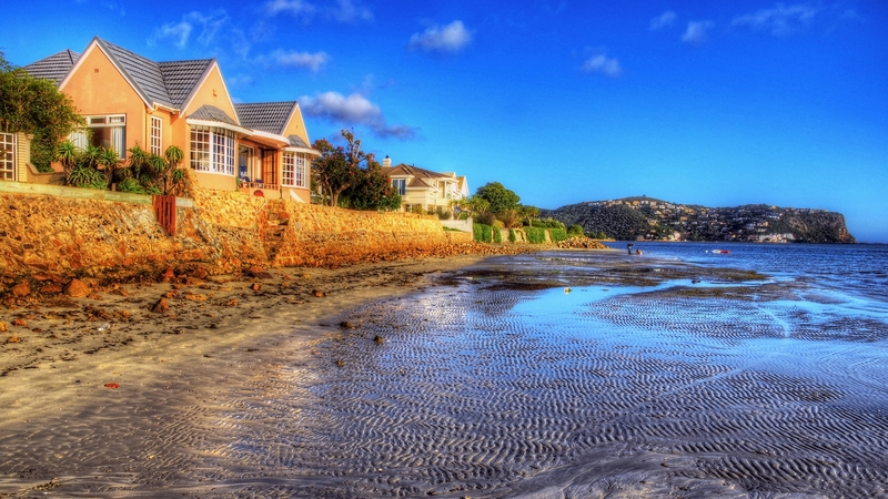 architecture, colorful, house, grass, sunny, beautiful, clouds, sea, beach, sand, splendor, green, beauty, blue, lovely, view, houses, ocean, town, colors, waves, sky, trees, water, paradise, peaceful, summer, island, nature, tropical