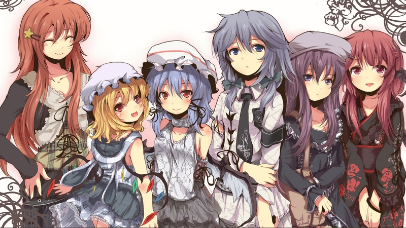witch, sakuya izayoi, remilia scarlet, patchouli knowledge, touhou, grey hair, vampire, purple hair, youkai, blonde hair, red hair, flandre scarlet, koakuma, blue hair, scarlet mansion, alternative costumes, hong meiling, devil