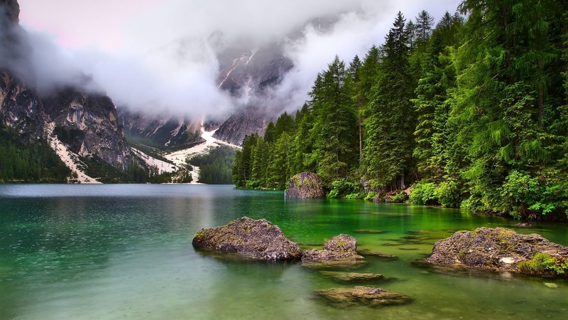 mountain, rocks, water, cloud, lake, trees