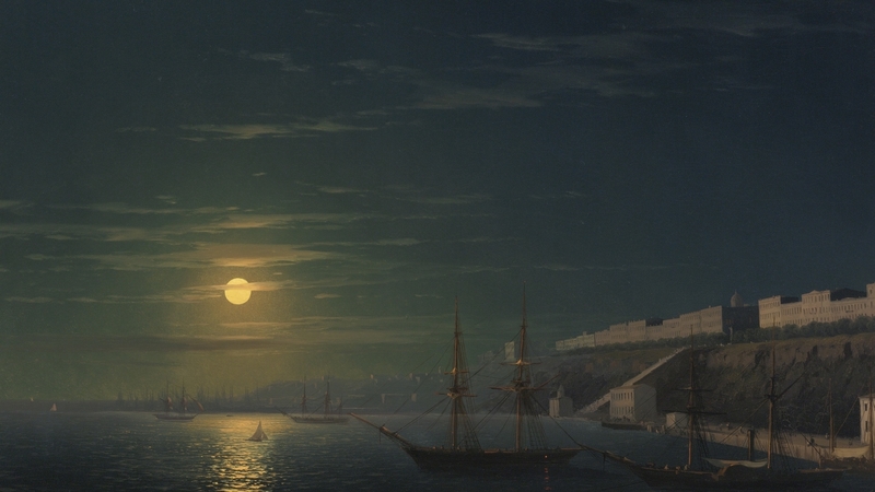 art, luna, luminos, sky, sea, boat, moon, seashore, ship, painting, summer, pictura, ivan aivazovsky