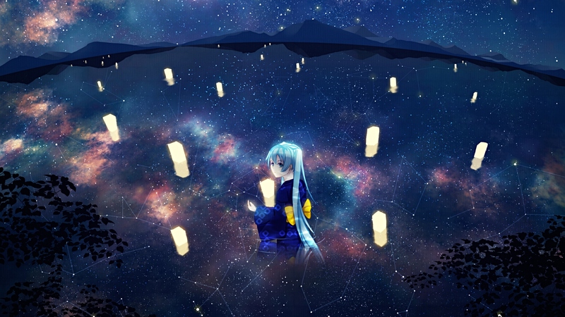pretty, cg, clouds, nice, anime, aqua, beauty, anime girl, reflection, vocaloids, hills, culture, art, lanterns, twintail, black, miku, sky, singer, trees, aqua eyes, cute, water, hatsune, cool, purple, mountains, japanese clothes, digital, awesome, white, idol, artistic, hatsune miku, beautiful, program, cultural, tradition, blue, vocaloid, stars, horizon, music, diva, kimono, lake, constellations, song, girl, virtual, aqua hair