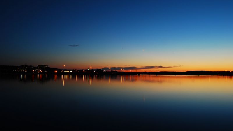 sunset, lake, skyline, night city, new brunswick, canada, 4k