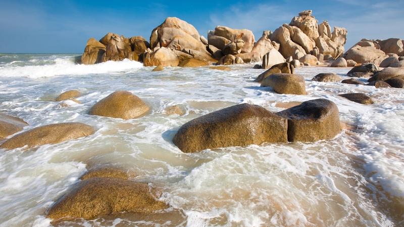 bleu, beach, rocks, ocean, waves, coast