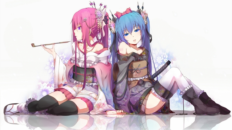 pretty, stunning, outift, cg, megurine, nice, anime, two beauties, aqua, flowers, beauty, 2 beauties, anime girl, vocaloids, sword, art, twintail, traditional, black, miku, singer, sexy, aqua eyes, cute, hatsune, cool, drug, digital, awesome, opium, white, idol, artistic, smoking, hatsune miku, luka, boots, two girls, beautiful, megurine luka, swordsman, program, twin tail, hot, pink, blue, vocaloid, stare, amazing, 2 girls, music, diva, kimono, stocking, leggings, song, girl, uniform, katana, p