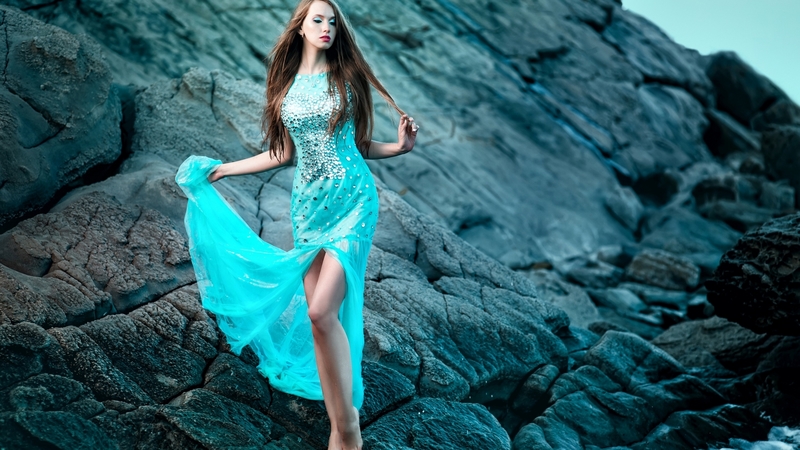 dress, model, rock, woman, sea, girl, summer, beauty, blue