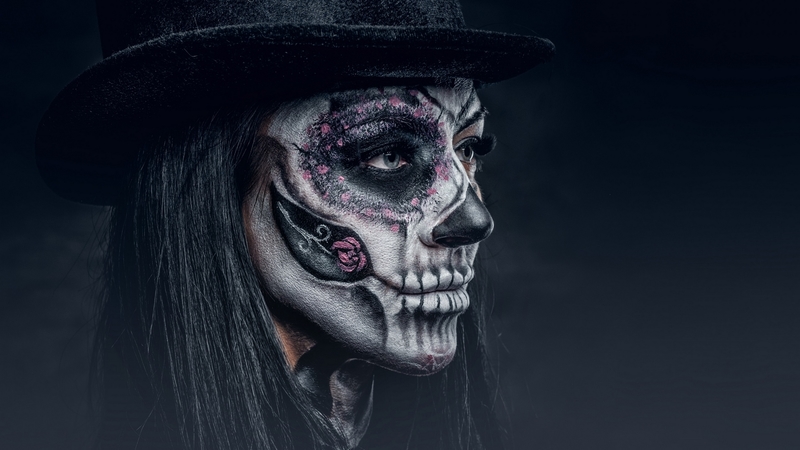sugar skull, model, halloween, dia de los muertos, black, woman, hat, girl, face, white