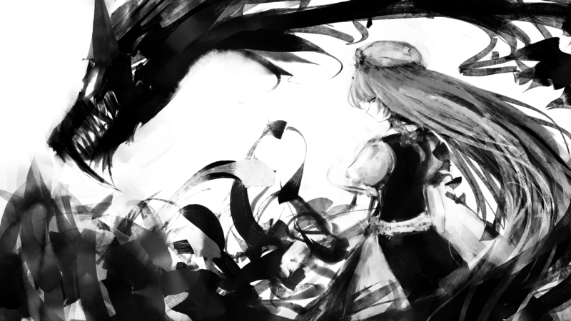 black and white, touhou, hong meiling, monochrome, dragon
