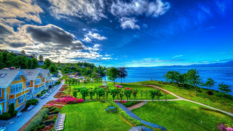 resort, shore, grass, hdr, clouds, lake