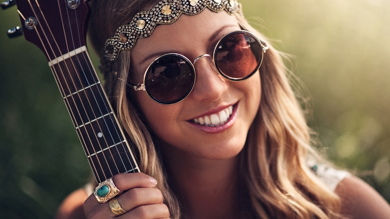model, smile, woman, sunglasses, instrument, guitar, girl, hand, hippie, jewel, face