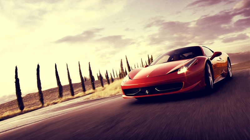 red, pretty, wonderful, stunning, beautiful, clouds, nice, way, road, amazing, drive, sky, trees, cars, ferrari, colour, 458 italia