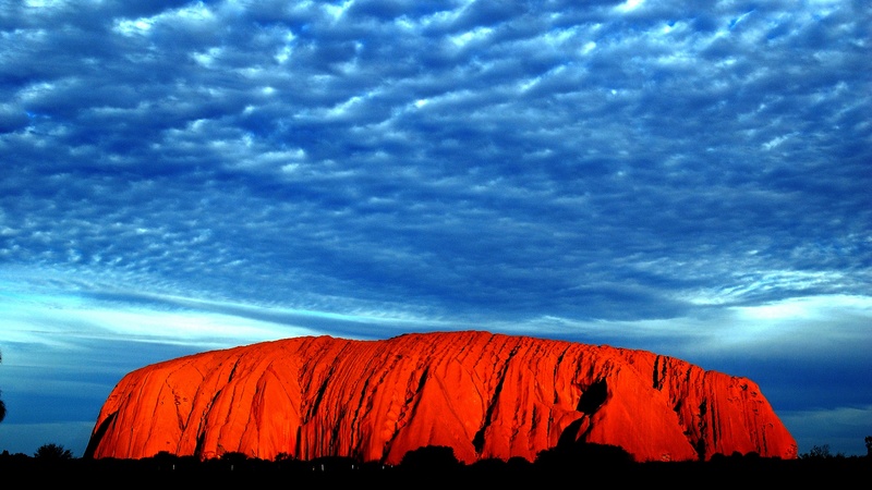 red, scenic, orange, rock, ayres rock, outback, beautiful, australia, evening, wonder of the world, blue, cloud, alice springs, tourism, sunlight, sky, colour