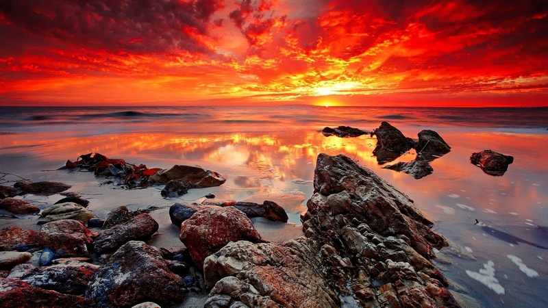 red, rocks, amazing, shore, glow, fiery, beautiful, sunset, waves, sky ...