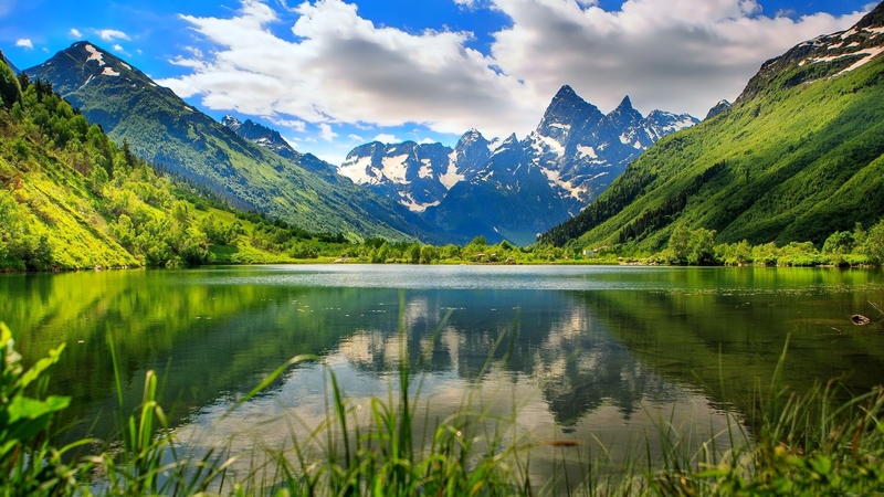 hills, view, grass, greenery, sky, clouds, lake, mountain, shoere, peak ...