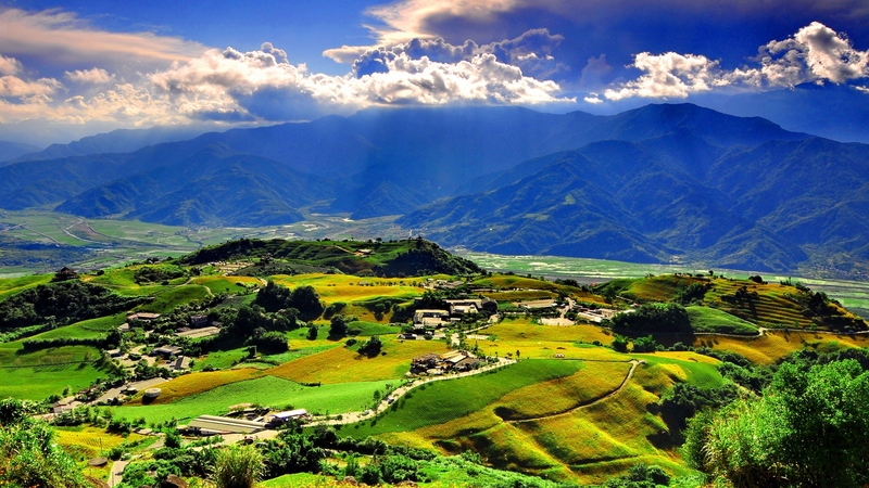 farms, sunlight, valley, mountains
