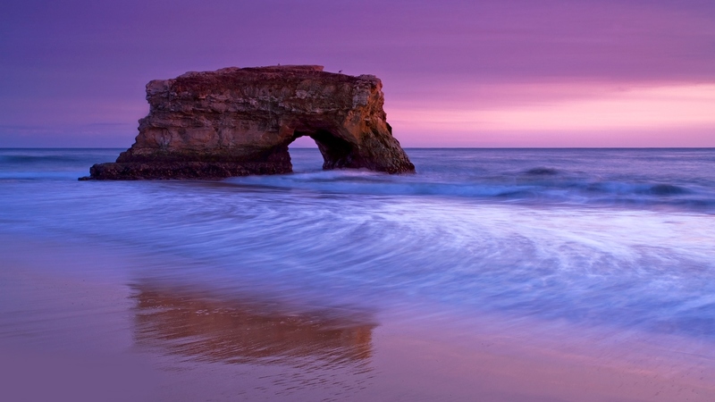lilac, rock, hole, ocean, surf, beautiful, waves, sea, beach, sand, purple, door way, pink