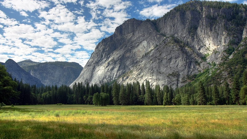 mountain, granite, trees, clouds, sky, meadow