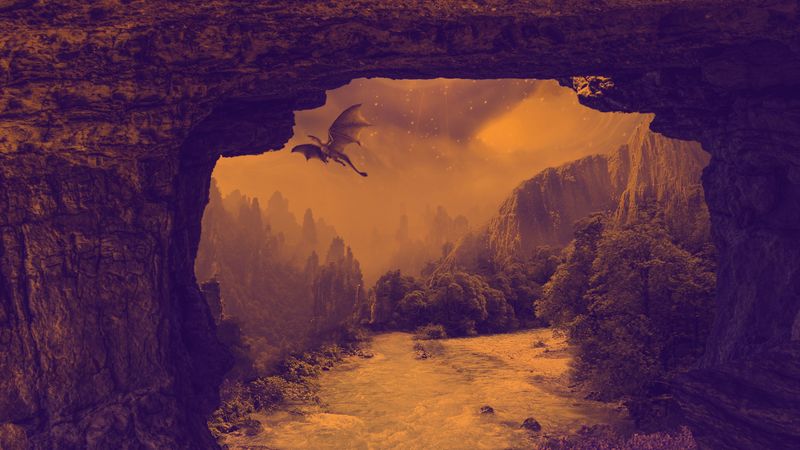 dragon, mystical, fantasy, waterfall, river, rocks, 4k