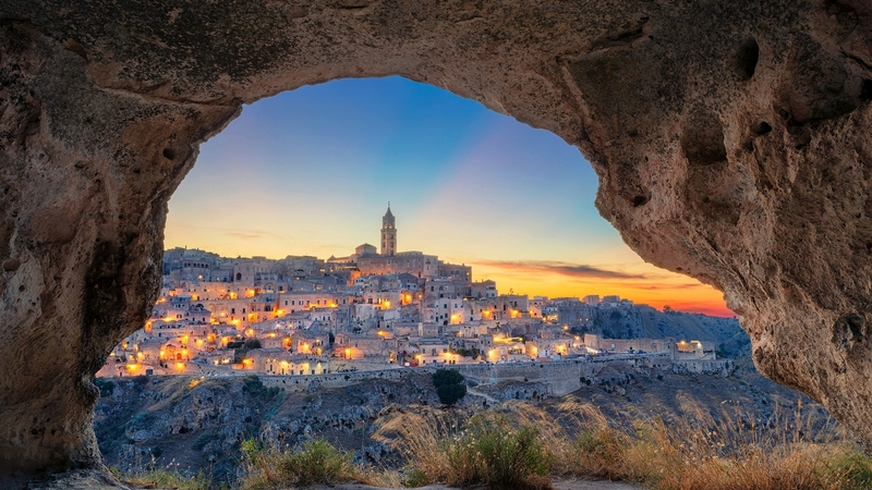 sunset, cave, houses, italy