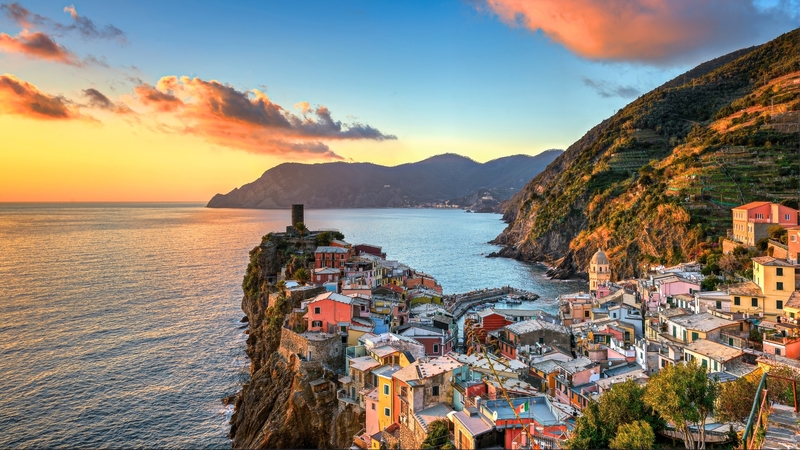 houses, sky, clouds, sea, city, mountains, vernazza, nature, italy