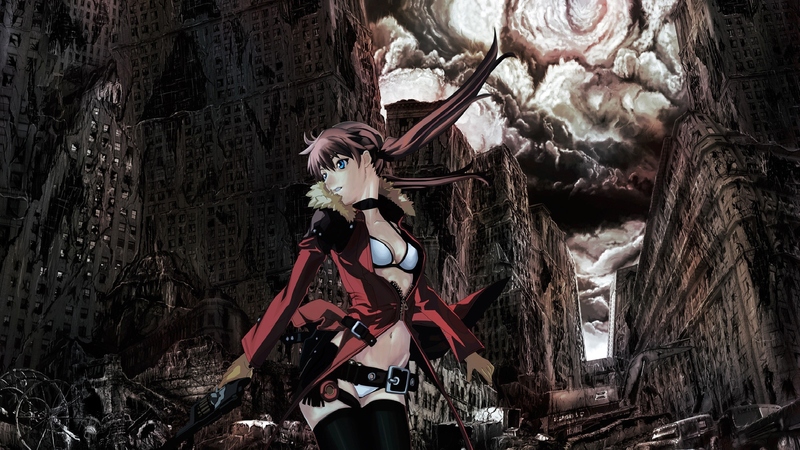 gun, girl, anime, dark, buildings, dull, colourless