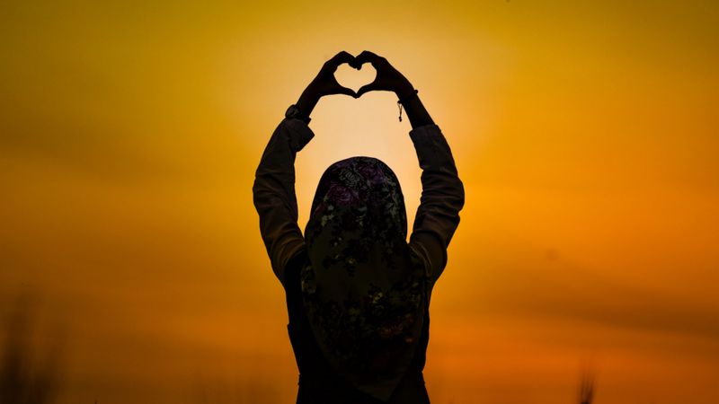 silhouette, heart, sunset, girl, 4k