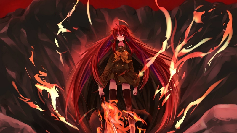 fire, shakugan no shana, red hair, long hair, shana