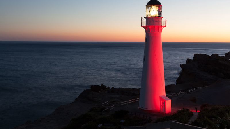 lighthouse, sea, skyline, night, wellington, 4k