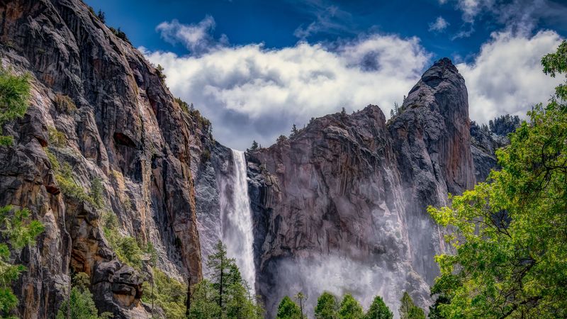 waterfall, rocks, cliff, bushes, 4k