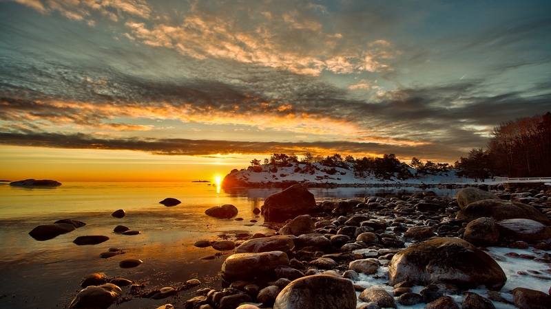 rocks, ocean, sunset, sky, clouds, sea, winter, snow, nature, reflection, landscape