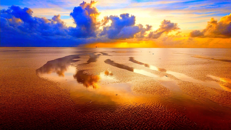 beach, shore, tide, sunset, clouds, sea