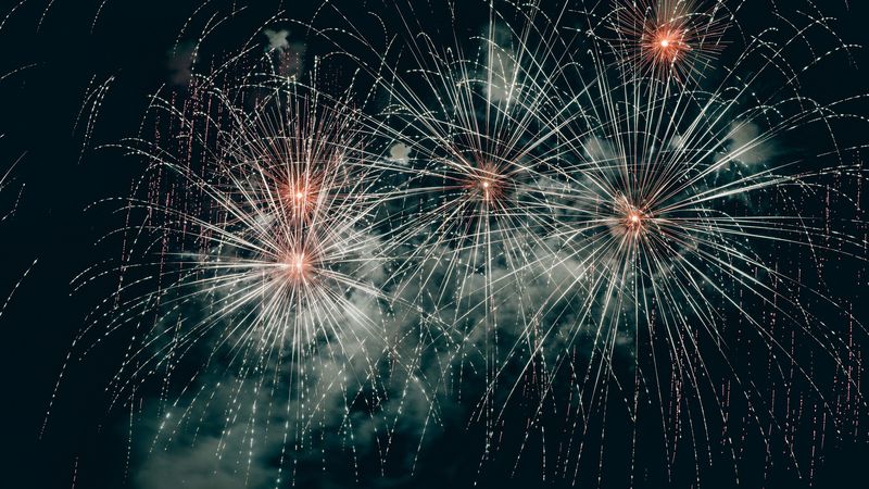 salute, fireworks, sparks, sky, clouds, 4k