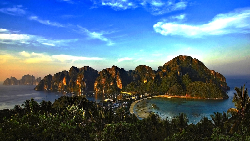 ships, forest, rock, ocean, rocky, palms, beach, paradise, mountains, nature, island, road