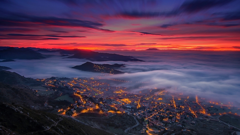 architecture, modern, city, madrid, lights, fog, spain
