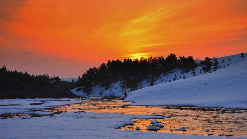 snow, nature, sunset, trees, lake, winter, landscape