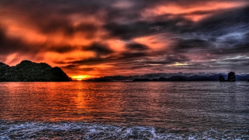 beach, sunset, sea, boulders