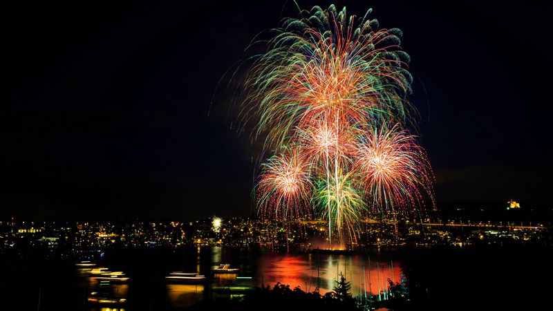 salute, fireworks, night city, city lights, seattle, 4k