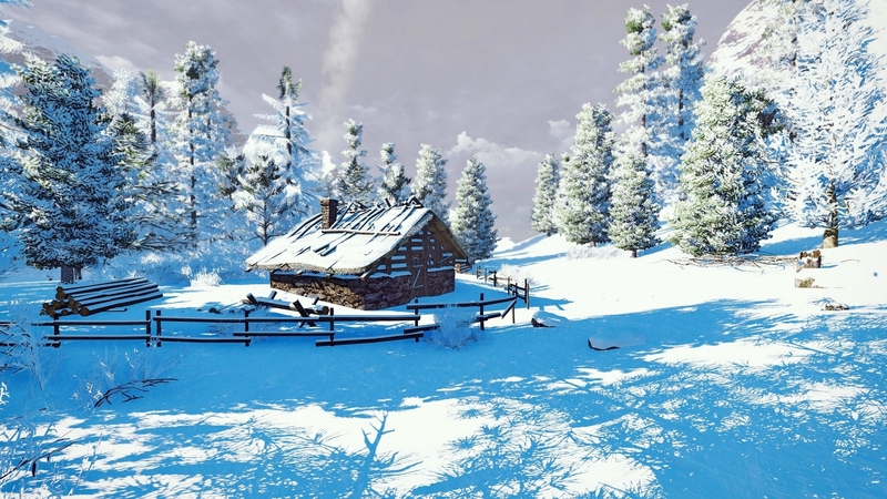 art, cottage, beautiful, cabin, trees, winter, snow, landscape, frost