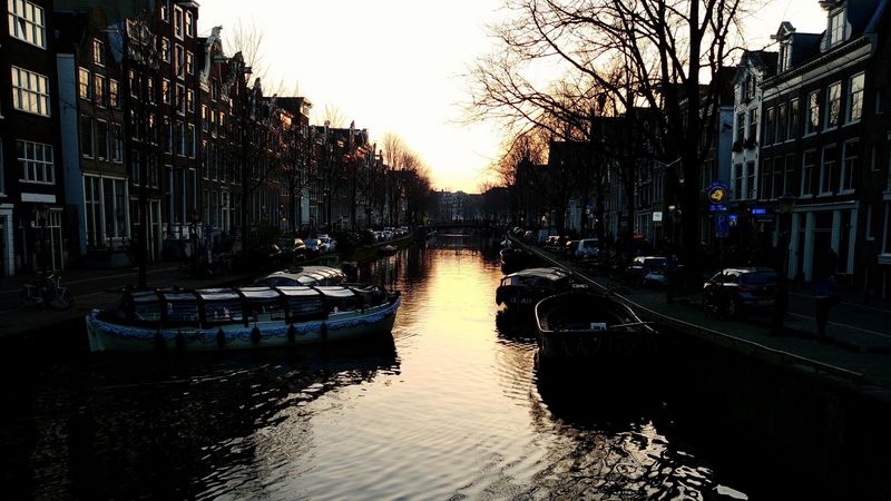 canal, boats, sunset, amsterdam, buildings, 4k