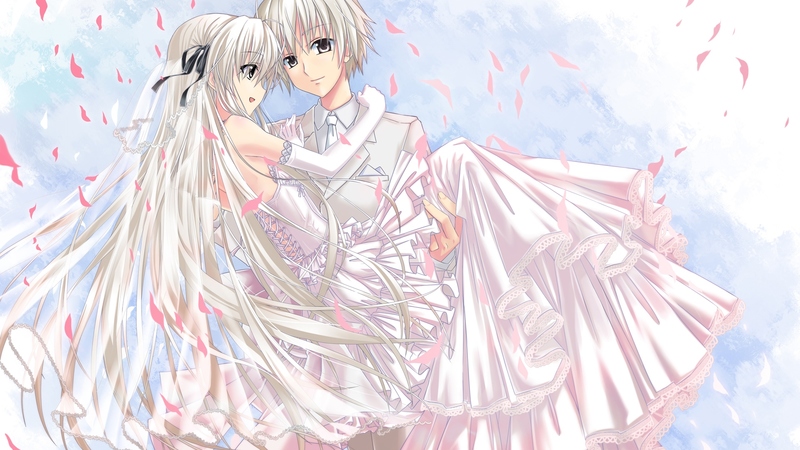 suit, dress, tux, bride, bow, carry, love, long hair, couple, ribbon, wedding, kasugana, frill, haruka, petals, sora, white
