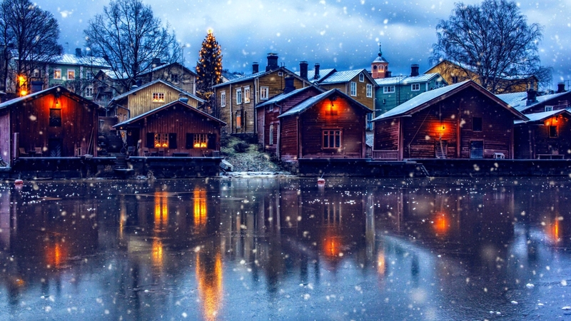 houses, beautiful, sky, snowy, lake, lights, winter, cold, snow, ice, village, river, evening, reflection, frost