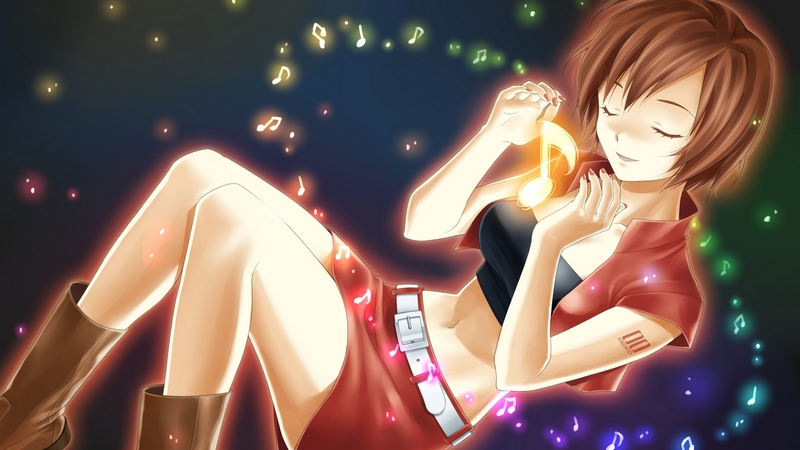 pretty, colorful, glow, beautiful, rainbow, thighhighs, nice, anime, beauty, vocaloids, meiko, vocaloid, brown hair, song note, music, music note, diva, cute, cool, song, girl, belt, awesome, virtual, idol