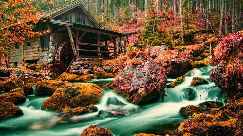 stream, fall, rocks, autumn, mill, falling, beautiful, foliage, leaves, nice, calm, watermill, stones, season, forest, quiet, lovely, colors, creek, trees, water, serenity, nature
