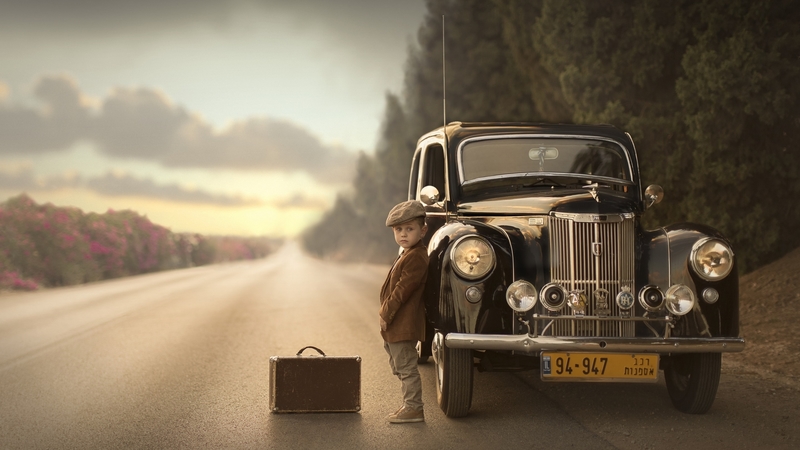 retro, boy, car, copil, child, suitcase, vintage