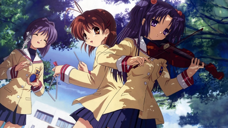 kotomi ichinose, violin, nagisa furukawa, schoolgirls, music, brown hair, musical instruments, purple hair, trees, clannad, short hair, blue hair, uniform, ryou fujibayashi, long hair
