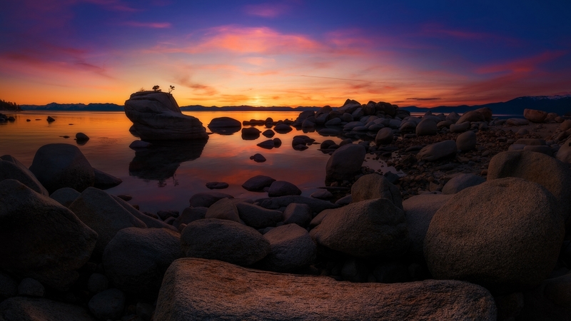 water, stones, california, usa, evening, sunset