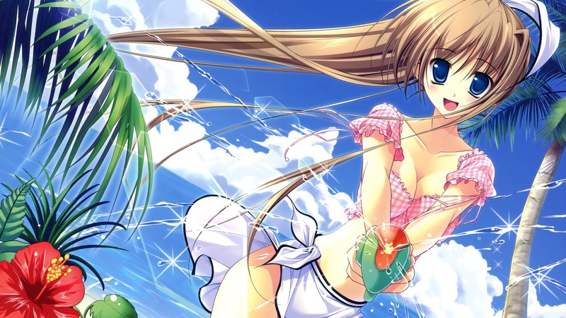 beach, sun, girl, anime, flower, sea