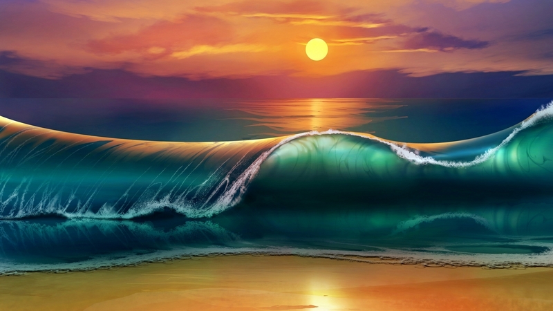 art, luminos, orange, sunset, sea, wave, beach, water, vara, summer, painting, pictura, blue