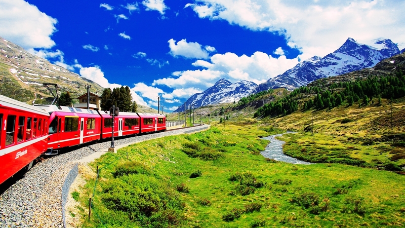 railroad, cloud, grass, sky, mountain, train, swiss, field, blue